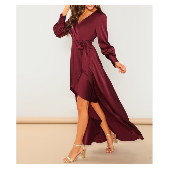 Burgundy High Low Wrap Satin Party Maxi Dress - Picture 3 of 6